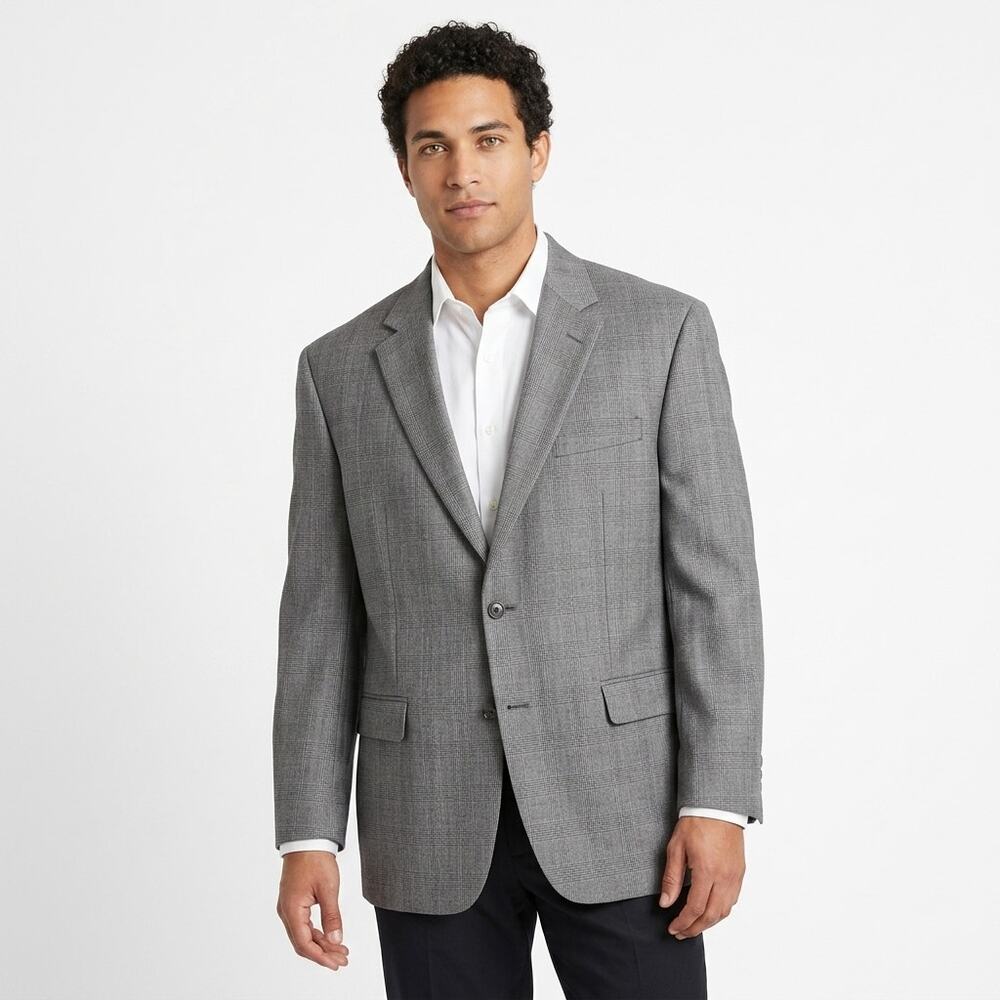 Chaps 100% Wool Gray Plaid Lined Jacket Men Size 42S